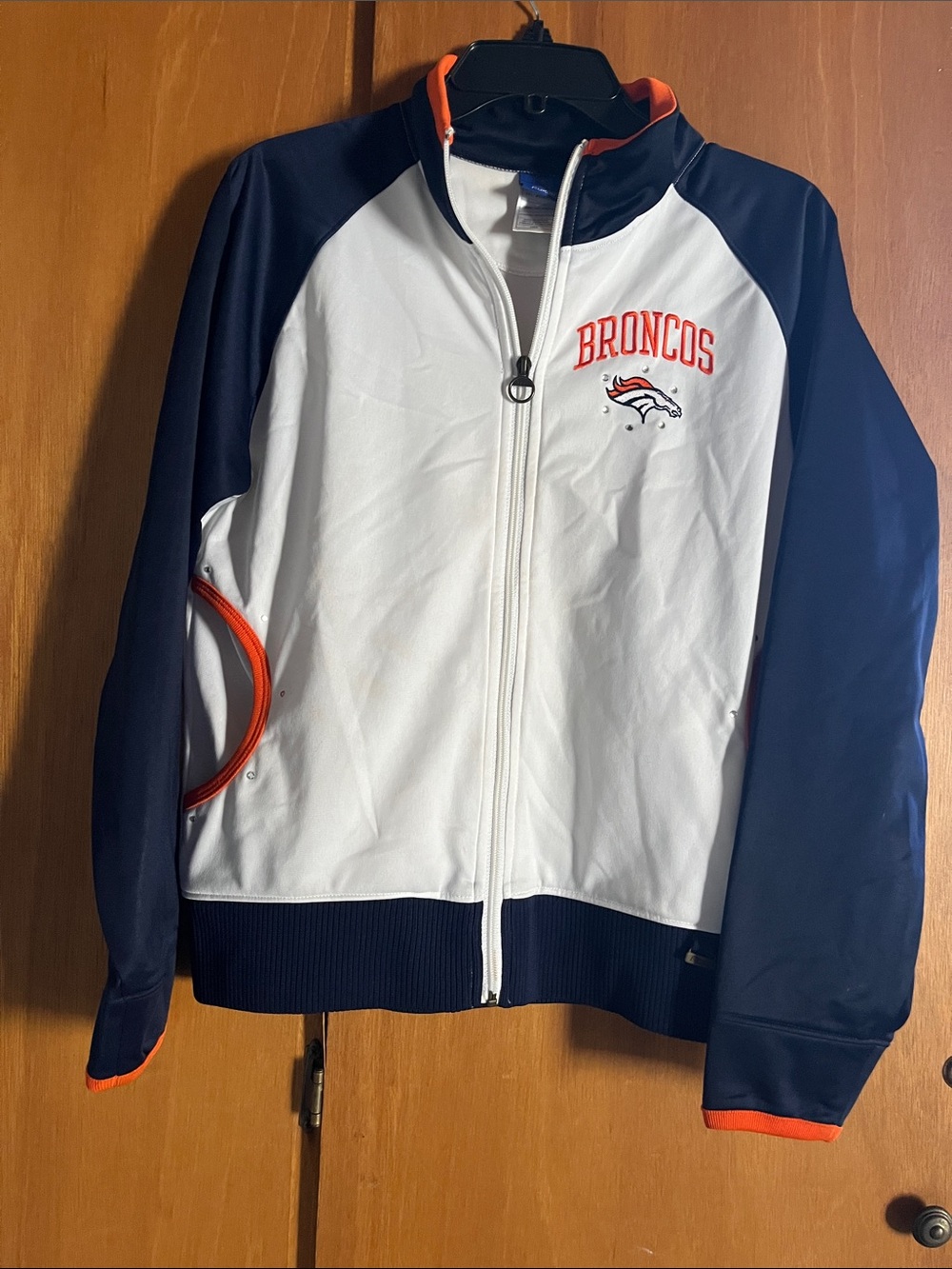Reebok Broncos Navy White & Orange Zip-Up Team Jacket Rhinestones too LG